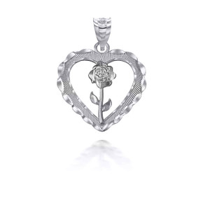Silver Heart Rose Pendant