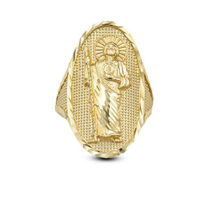 Yellow Gold Hammered Saint Jude Patron Saint of Hope Oval Ring 