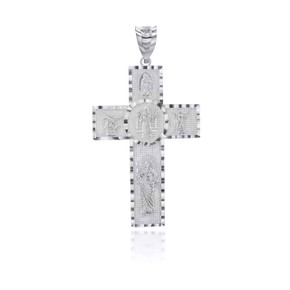 .925 Sterling Silver Diamond Cut Patron Saint Beaded Cross Pendant
