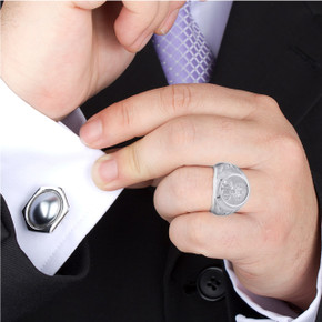 .925 Sterling Silver Jesus Christ Cross Beaded Signet Ring on a male Model