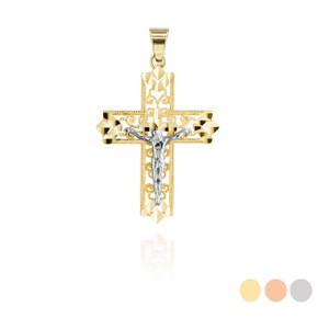 Two Tone Diamond Cut Crucifix Pendant Necklace with Measurement
