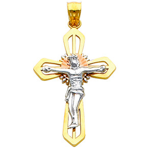 Tri-Color 14K Gold Pious Crucifix with Halo