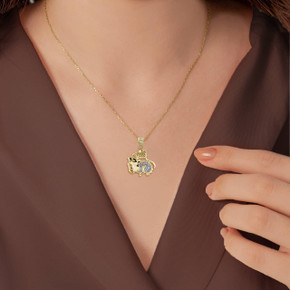 Two Tone Gold Chinese Lunar New Year of the Rat with Diamonds Pendant Necklace on a Model