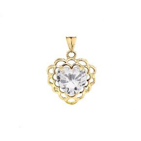 April Birthstone Filigree Heart-Shaped Pendant Necklace in Gold (Yellow/Rose/White)