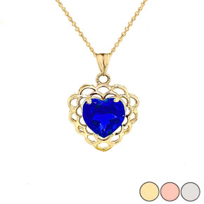 September Birthstone Filigree Heart-Shaped Pendant Necklace in Gold (Yellow/Rose/White)