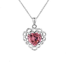 October Birthstone Filigree Heart-Shaped Pendant Necklace in Sterling Silver