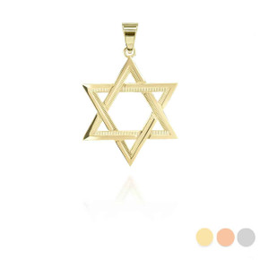 Yellow Gold Striped Jewish Star of David Small Pendant Necklace