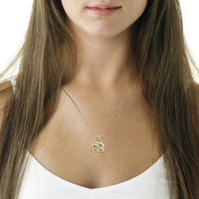 Yellow Gold Luck and Prosperity Elephant Charm Pendant Necklace on model