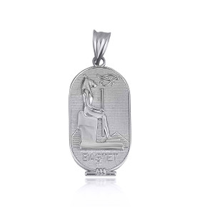 .925 Sterling Silver Beaded Egyptian Goddess Bastet Oval Medallion Pendant