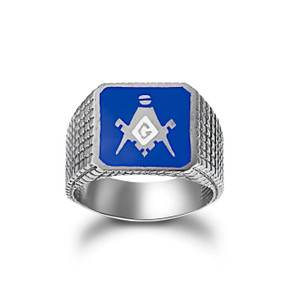 .925 Sterling Silver Blue Enamel Freemason Square & Compass Beaded Signet Ring
