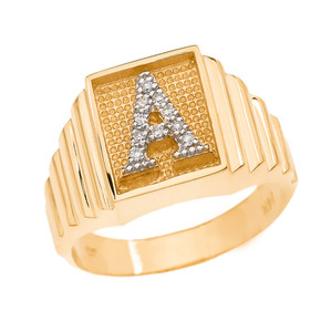 Yellow Gold Diamond Letter "A-Z" Initial Textured Men's Signet Ring