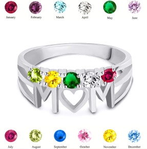 Silver Personalized Mom Heart 5 Birthstones Mother's Ring