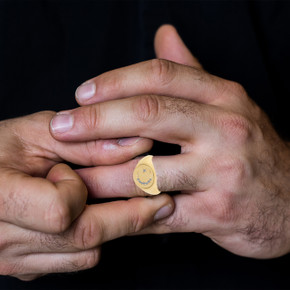 Yellow Gold Diamond Islam Crescent and Star Signet Ring on a Male Model