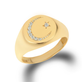 Yellow Gold Diamond Islam Crescent and Star Signet Ring