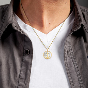 Gold Nautical Anchor Rope and Helm Mariner Circle Pendant Necklace on male model