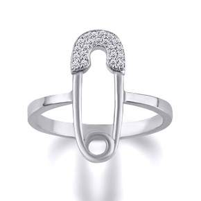 Silver Safety Pin with Diamonds Ring