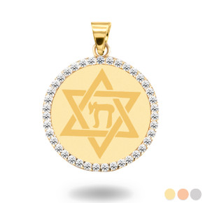 Gold Jewish Star of David Chai with Diamonds Coin Medallion Pendant