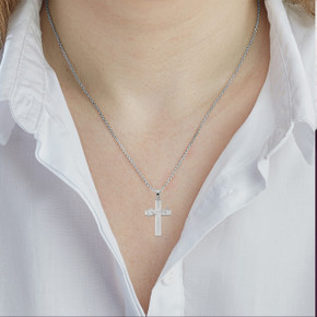 Silver Blessed Textured Cross Pendant Necklace on Female Model