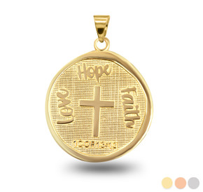 "Love, Hope, Faith" Script Hammered Coin Medallion Pendant