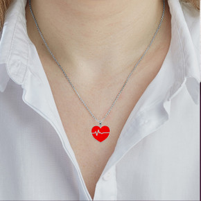 Silver Enamel Heartbeat Pendant Necklace on Female Model