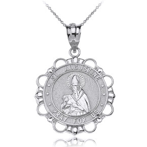 Silver Saint Augustine Pray For Us Circle Pendant Necklace