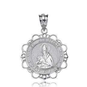 Silver Saint Augustine Pray For Us Circle Pendant Necklace