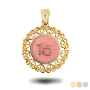 Yellow Gold 15 Anos Quinceanera Pink Enamel Heart Filigree5 Pendant