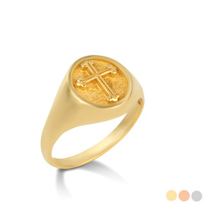 Yellow Gold Religious Cross Textured Signet Ring