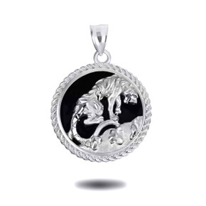 .925 Sterling Silver Black Onyx Tiger Diamond Cut Rope Pendant