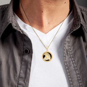 Gold Black Onyx Freedom Eagle Head Pendant Necklace on male model
