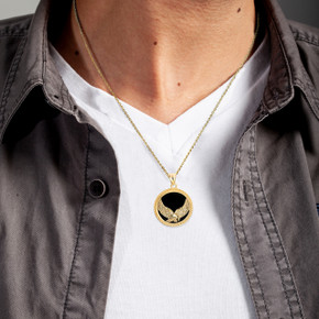 Gold Black Onyx Soaring Freedom Eagle Pendant Necklace on male model