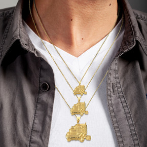 Gold Big Rig Semi Truck Driver Pendant Necklace on male model