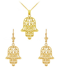 14K Yellow Gold Hamesh Hand Pendant And Earrings Set