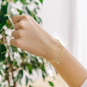 Gold Lucky Charm Symbols Paperclip Chain Link Bracelet on female model