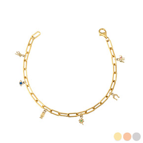 Gold Lucky Charm Symbols Paperclip Chain Link Bracelet