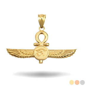 Yellow Gold Egyptian Ankh Cross Eye Of Horus Wedjat Winged Goddess Isis Protection Pendant
