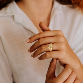 Yellow Gold Openwork Heart Cross CZ Ring on female model