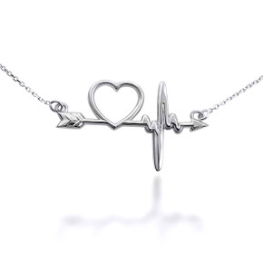 .925 Sterling Silver Heartbeat Bow & Arrow Cupid Love Necklace