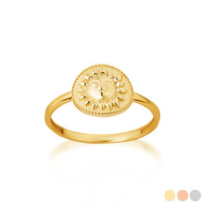 Yellow Gold Beaded Smiling Sun Medallion Ring