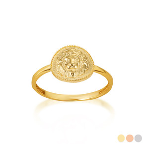 Yellow Gold Beaded Lion Symbol Of Strenth & Courage Medallion Ring