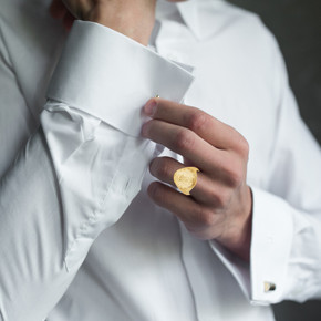 Yellow Gold Religious Patron Saint Gabriel Archangel Beaded Oval Signet Ring on male model