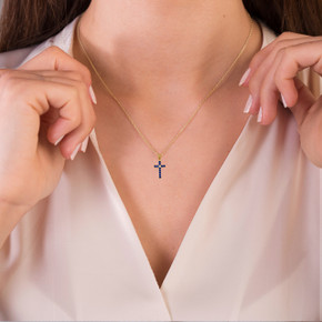 Gold Gemstone Diamond Cross Small Pendant Necklace on female model