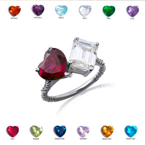 .925 Sterling Silver Toi Et Moi Heart & Emerald Cut Gemstone Roped Twist CZ Ring