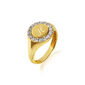 Gold Engravable Cubic Zirconia Halo Signet Ring (Available in Yellow/Rose/White Gold)