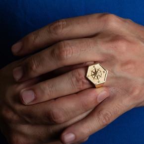 Yellow Gold Compass Rose Navigation Ring on male model