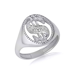 .925 Sterling Silver Diamond Cut Money Dollar Sign Textured Ring