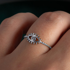 .925 Sterling Silver Evil Eye Protection CZ Beaded Band Ring on female model