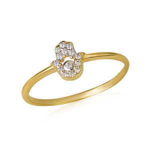 14K Yellow Gold Hamsa Hand Protection CZ Ring