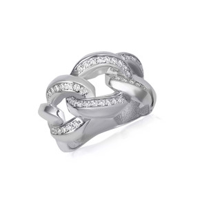 .925 Sterling Silver CZ Studded Cuban Chain Link Band Ring 13.8 mm