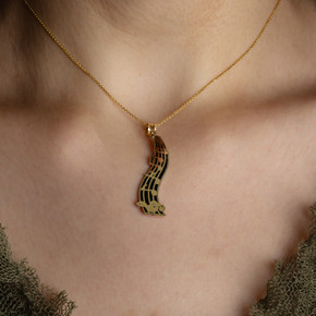 Gold Music Staff Treble Clef Notes Enamel Pendant Necklace on female model